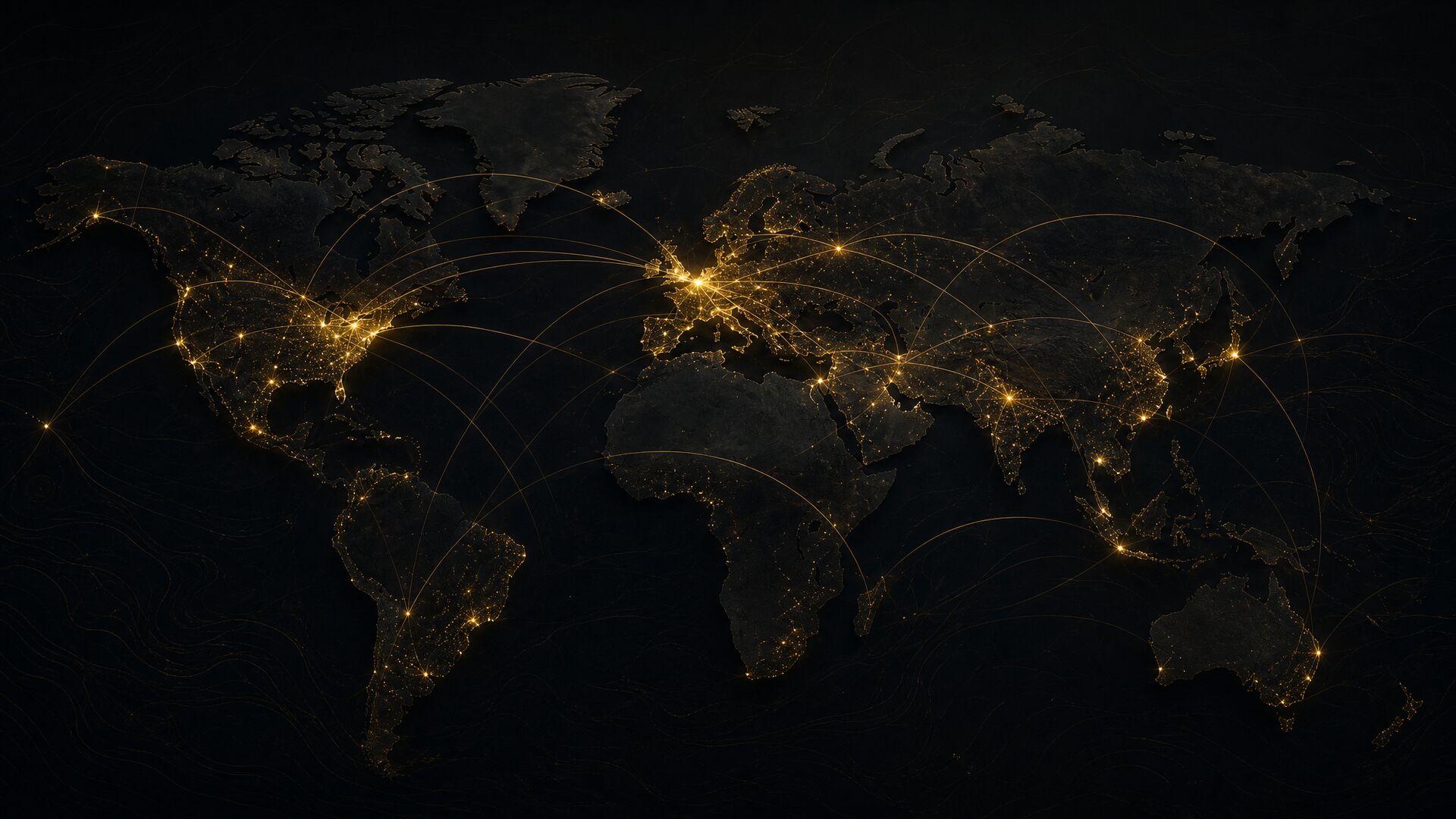 A dark world map with illuminated global connections