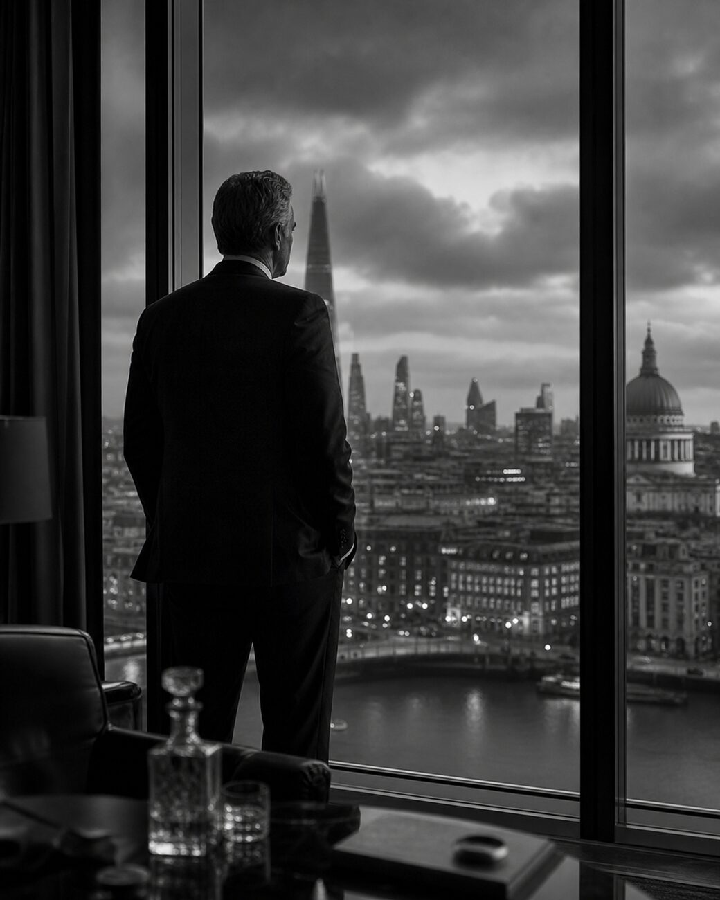 A senior advisor at a high-rise window overlooking a European city skyline at dusk